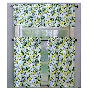 Tribeca Cafe Curtain Set Lemon Print 3 Piece Tier Set Fruit Floral White Yellow